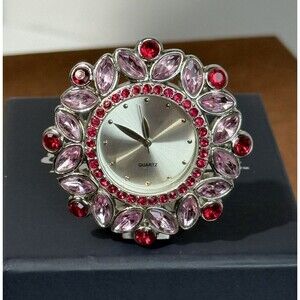 Vintage Mini Desk Clock Quartz Vanity/Dresser/Mantle Clock Pink & Red Rhinestone